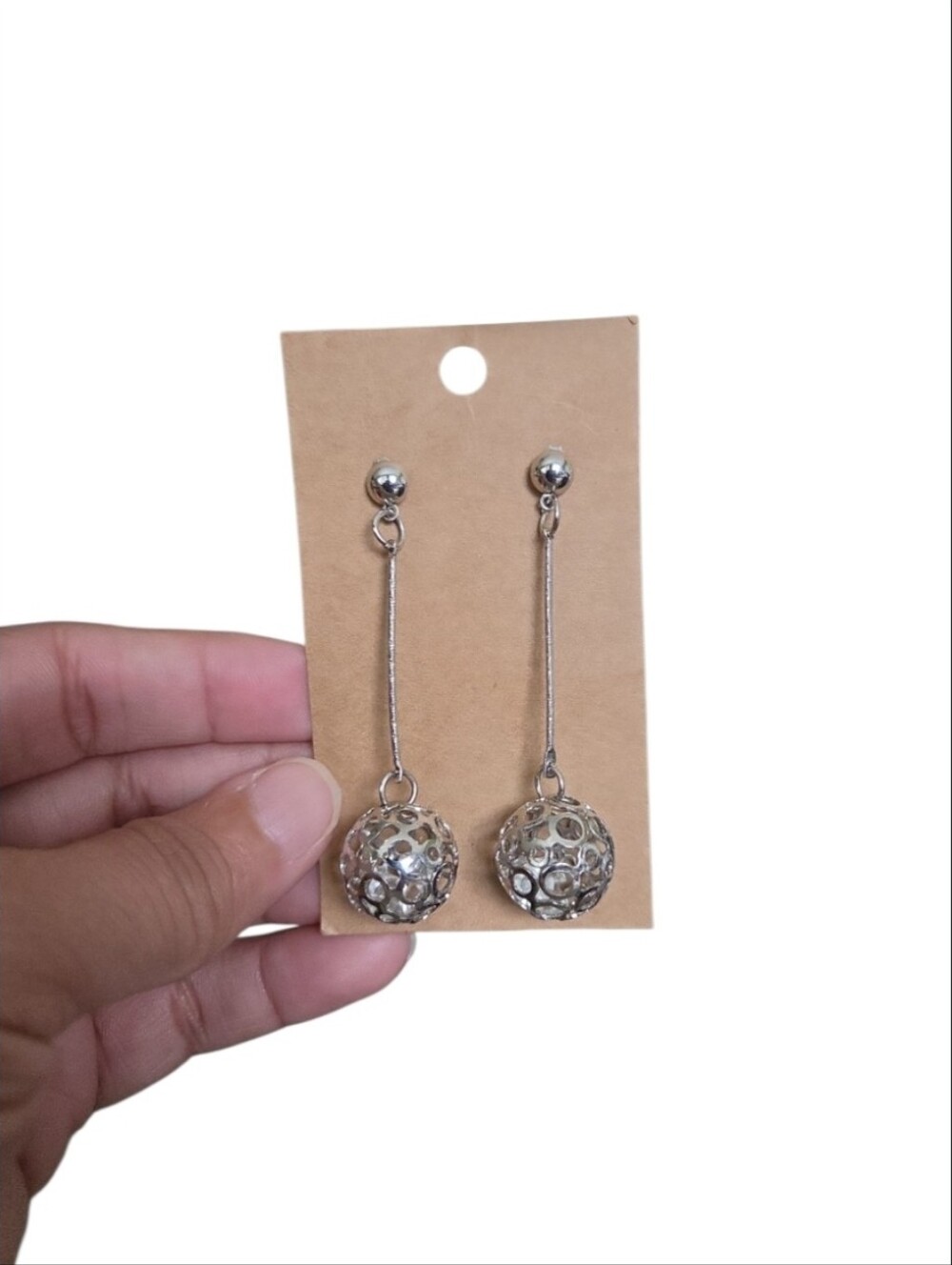 Vintage Silver Toned Long Drop Filigree Ball Earrings 2.25"